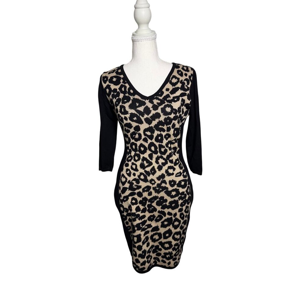 Say What? Leopard Print Knit Bodycon Midi Dress V-Neck 3/4 Sleeve